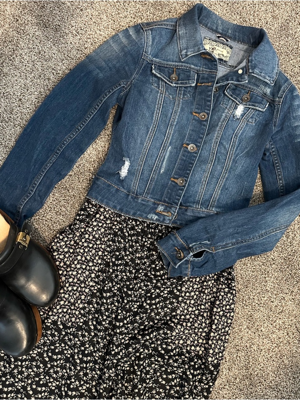 YMI Denim Jacket Distressed Cropped Fitted Blue Jean Jacket Small